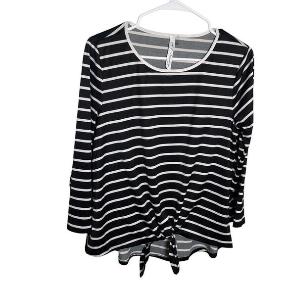 NY Collection Blouse Women's Petite Small Black Striped Round Neck Tie Shirt Top - Picture 1 of 9